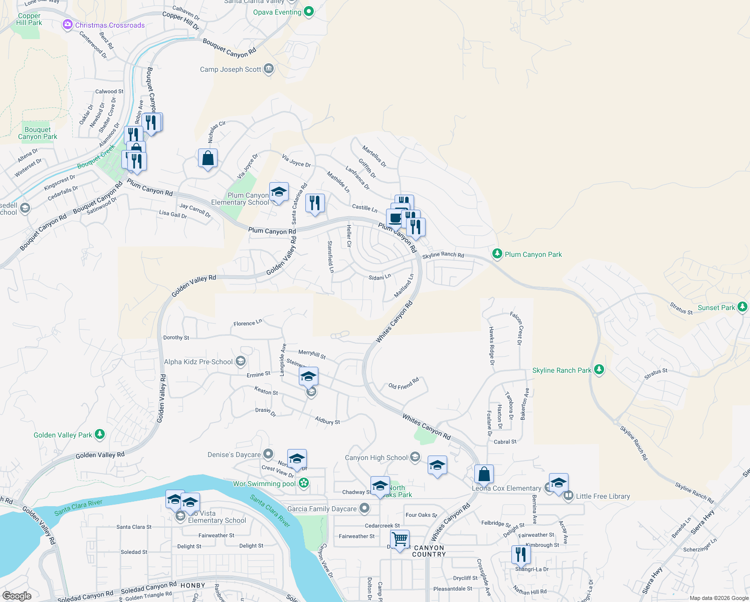 map of restaurants, bars, coffee shops, grocery stores, and more near 28236 Nield Court in Santa Clarita