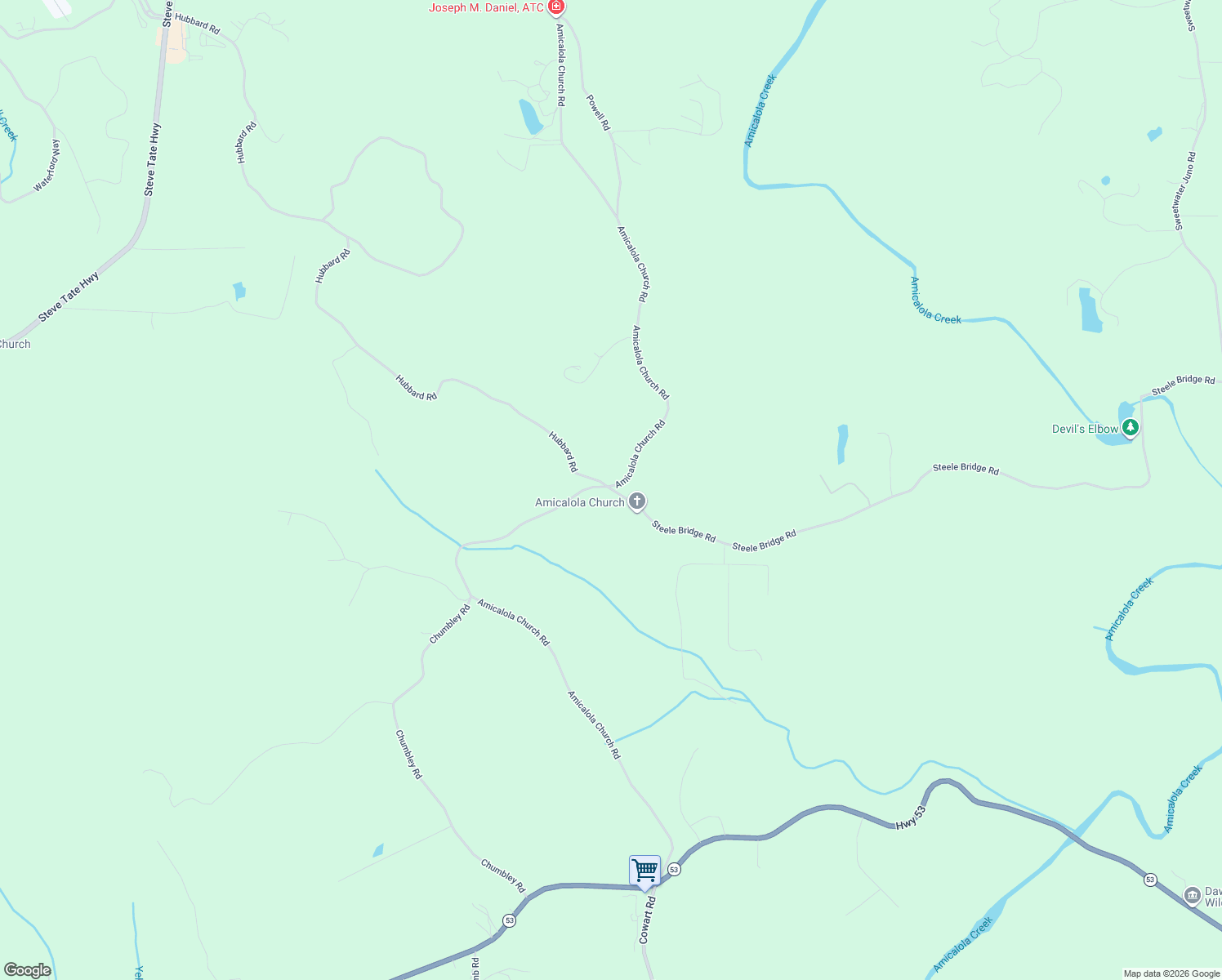 map of restaurants, bars, coffee shops, grocery stores, and more near 2198 Amicalola Church Road in Dawsonville