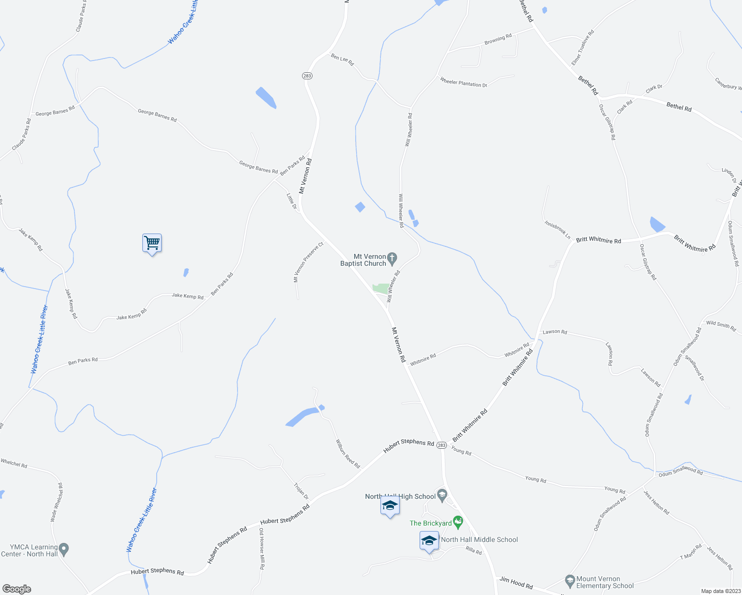 map of restaurants, bars, coffee shops, grocery stores, and more near 5229 Mount Vernon Road in Gainesville
