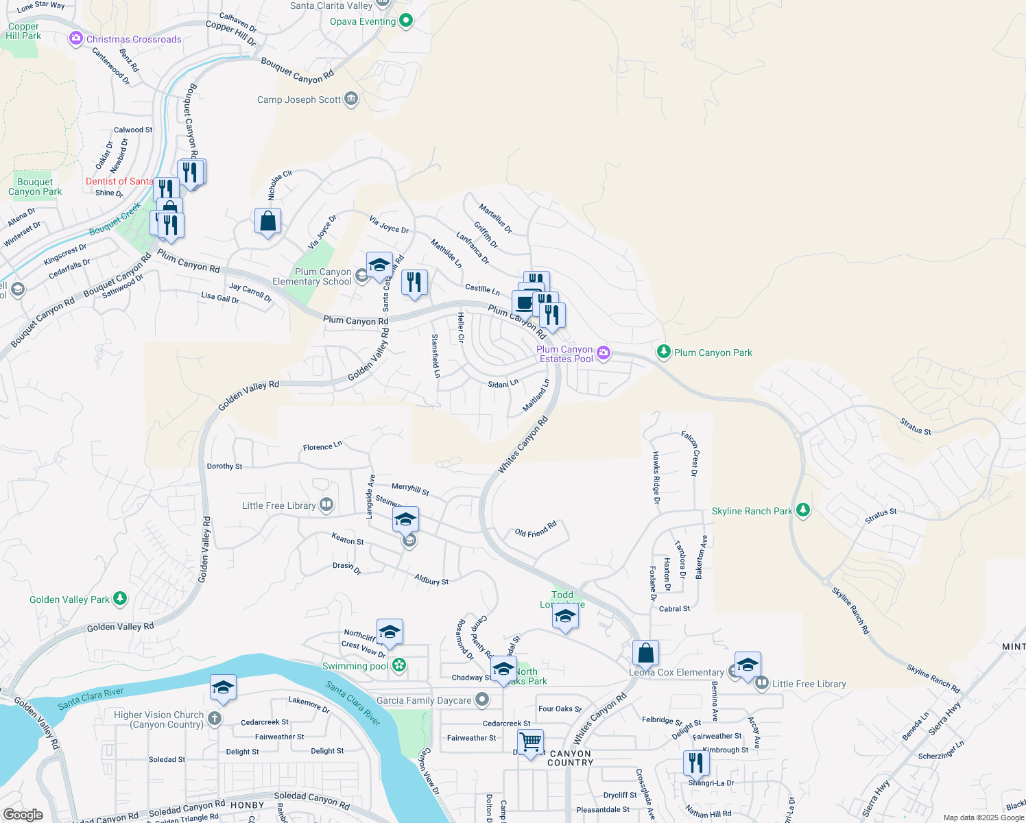map of restaurants, bars, coffee shops, grocery stores, and more near 28308 Lorita Lane in Los Angeles County