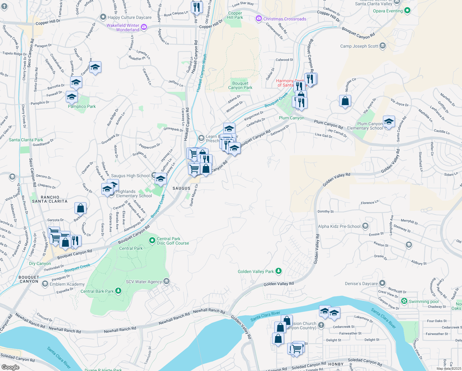 map of restaurants, bars, coffee shops, grocery stores, and more near 27641 Sutters Pointe Drive in Santa Clarita