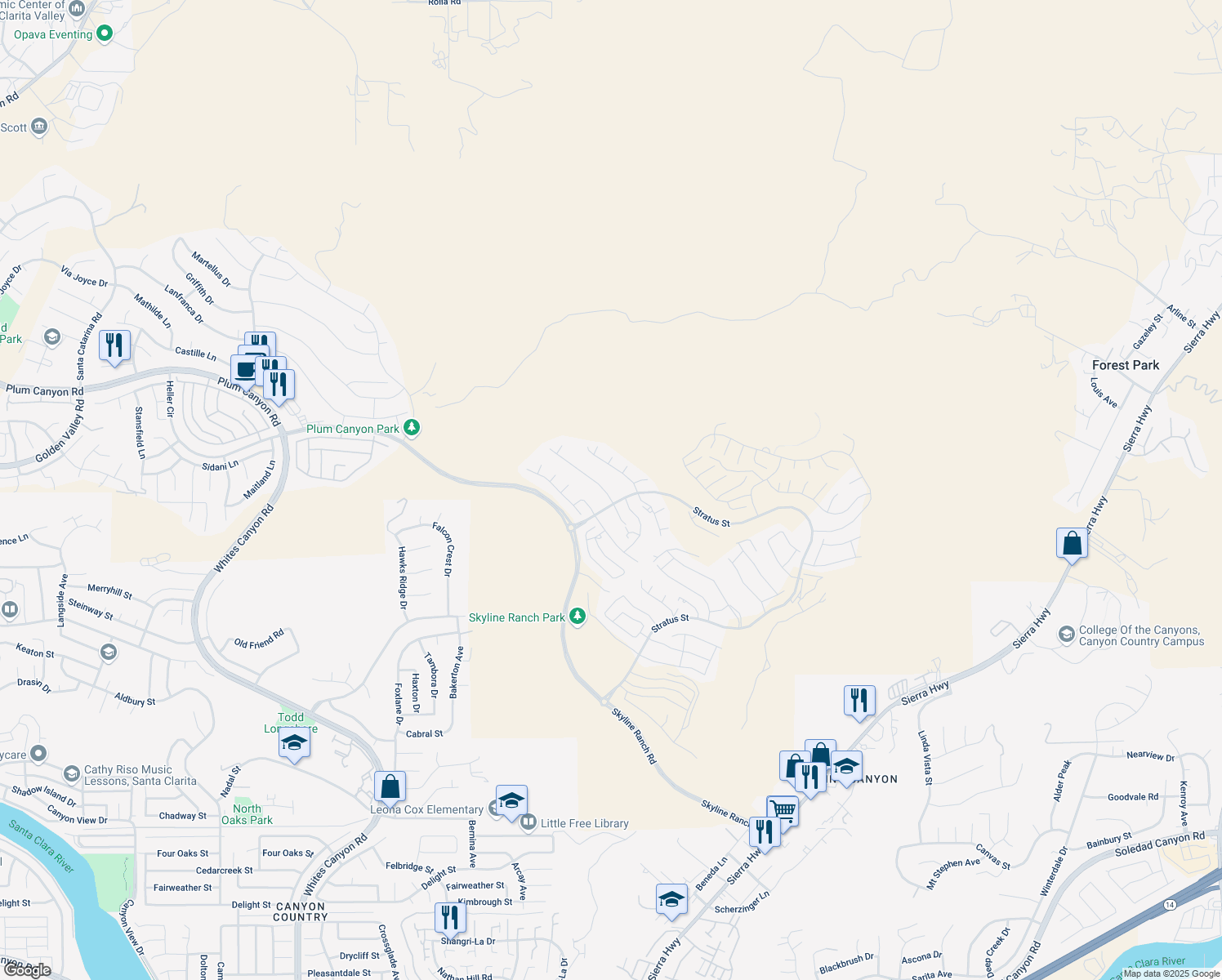 map of restaurants, bars, coffee shops, grocery stores, and more near 18259 Arial Way in Santa Clarita