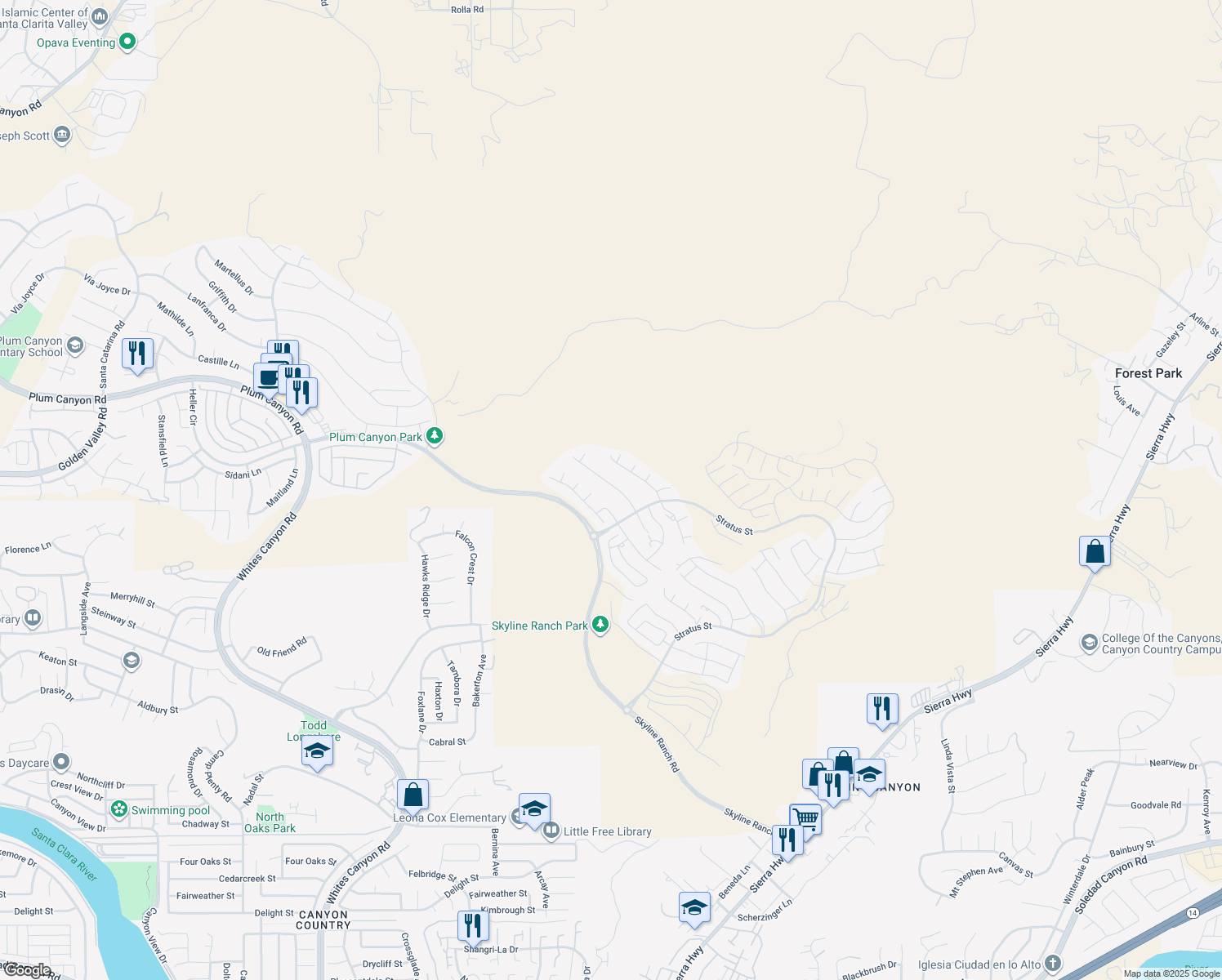 map of restaurants, bars, coffee shops, grocery stores, and more near 18244 Cumulus Court in Santa Clarita