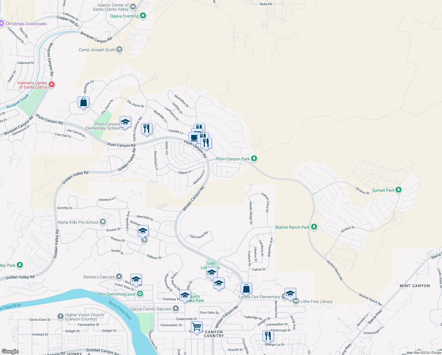 map of restaurants, bars, coffee shops, grocery stores, and more near 19230 Blackthorn Drive in Santa Clarita