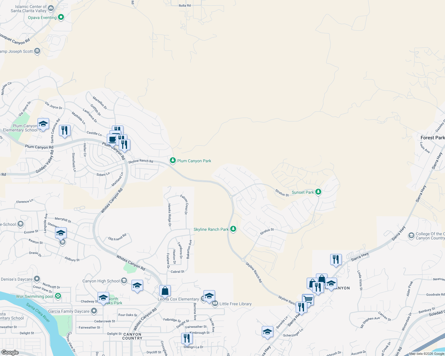 map of restaurants, bars, coffee shops, grocery stores, and more near 28755 Moonlight Lane in Santa Clarita