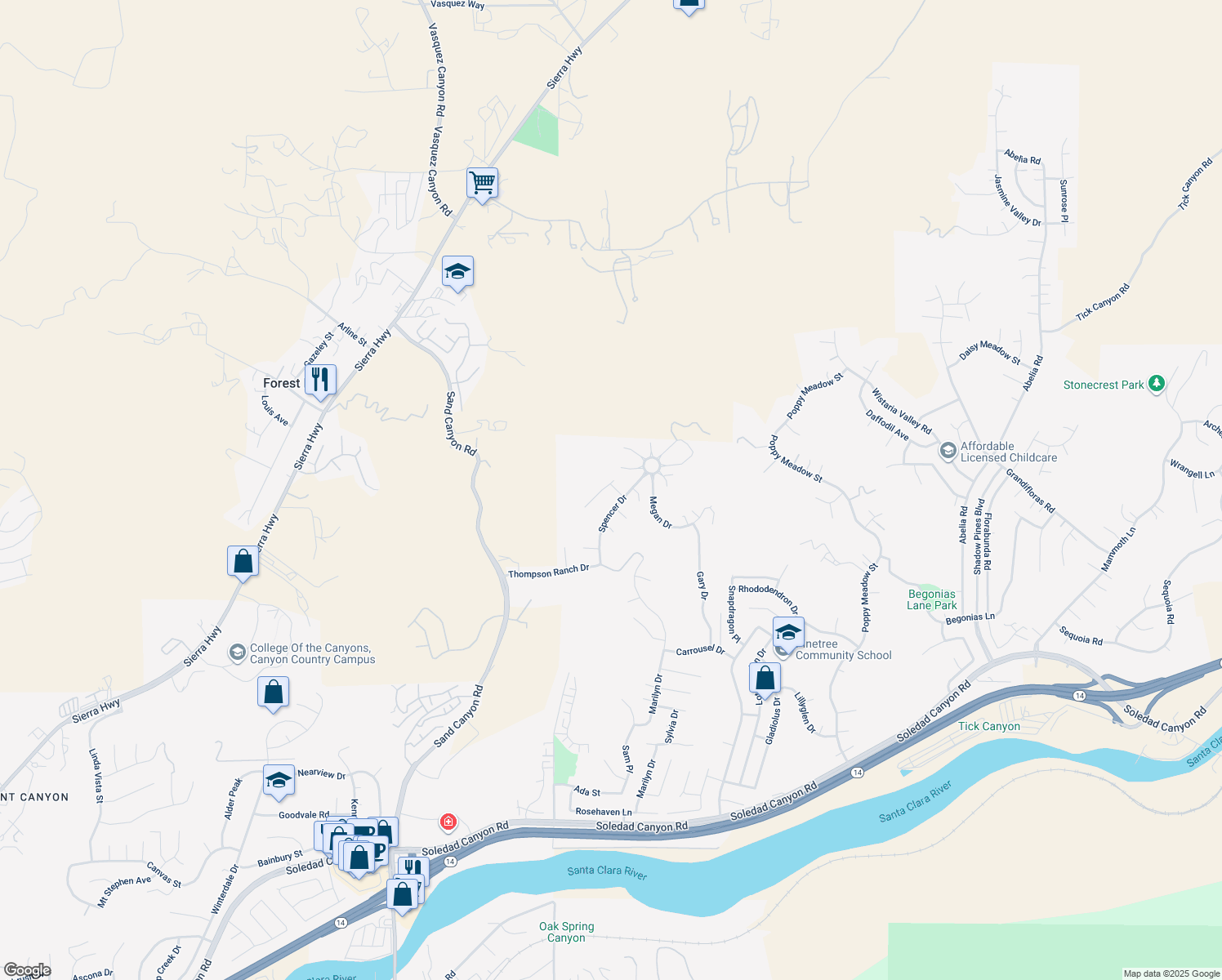 map of restaurants, bars, coffee shops, grocery stores, and more near 29502 Kristine Court in Santa Clarita