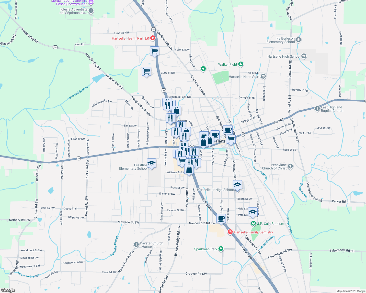 map of restaurants, bars, coffee shops, grocery stores, and more near 125 2nd Avenue in Hartselle