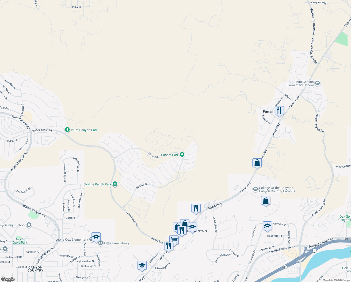 map of restaurants, bars, coffee shops, grocery stores, and more near 28905 Verdure Lane in Santa Clarita