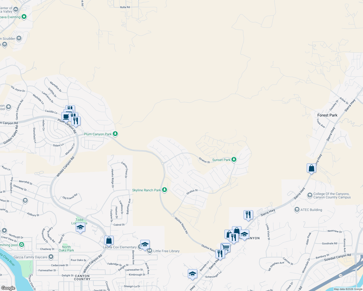 map of restaurants, bars, coffee shops, grocery stores, and more near 28816 Sedge Lane in Los Angeles County