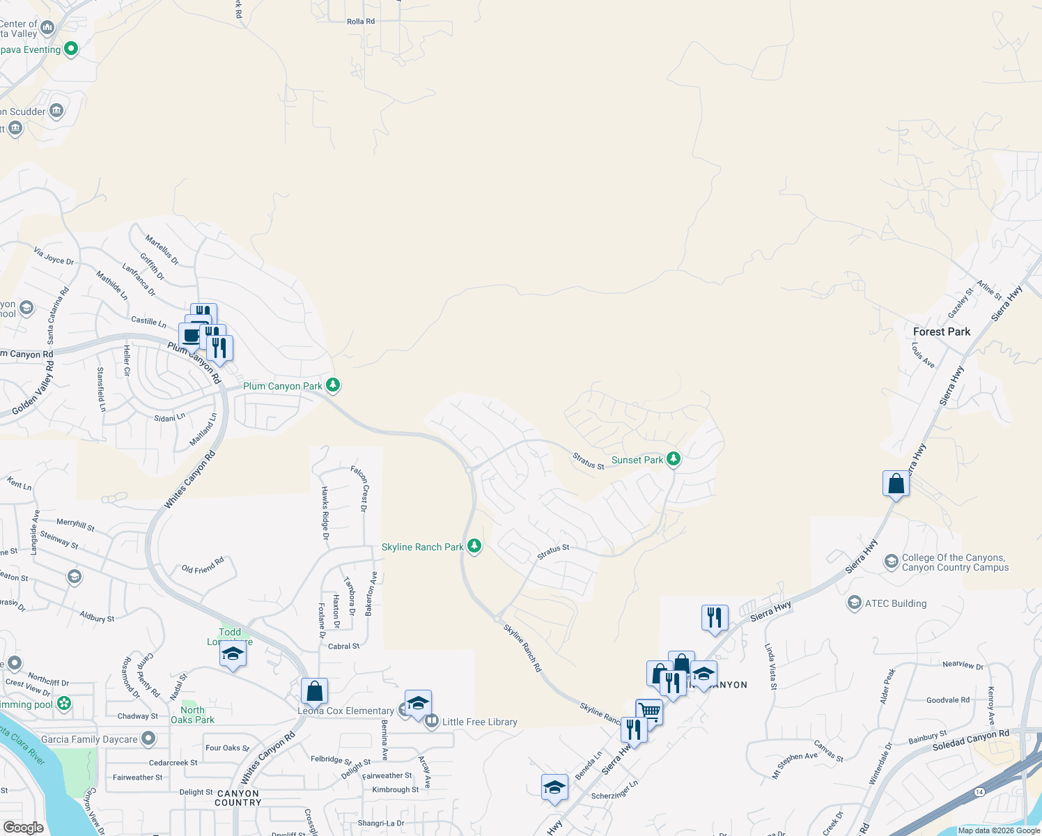 map of restaurants, bars, coffee shops, grocery stores, and more near 28816 Sedge Lane in Los Angeles County