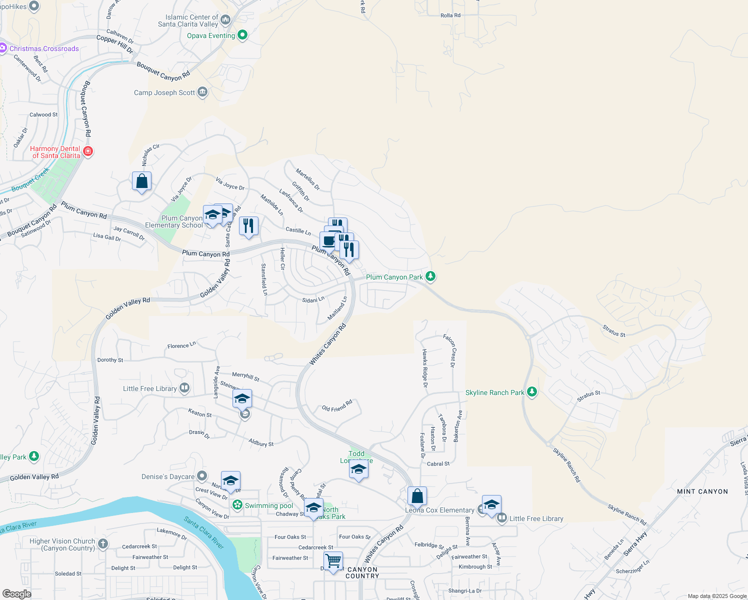 map of restaurants, bars, coffee shops, grocery stores, and more near 28519 Moyer Lane in Santa Clarita