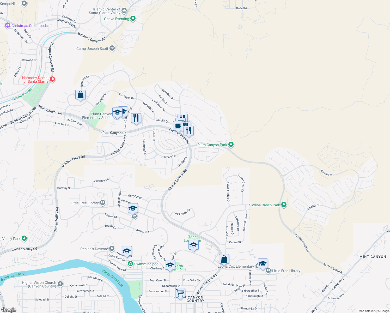 map of restaurants, bars, coffee shops, grocery stores, and more near 19292 Merryweather Drive in Santa Clarita