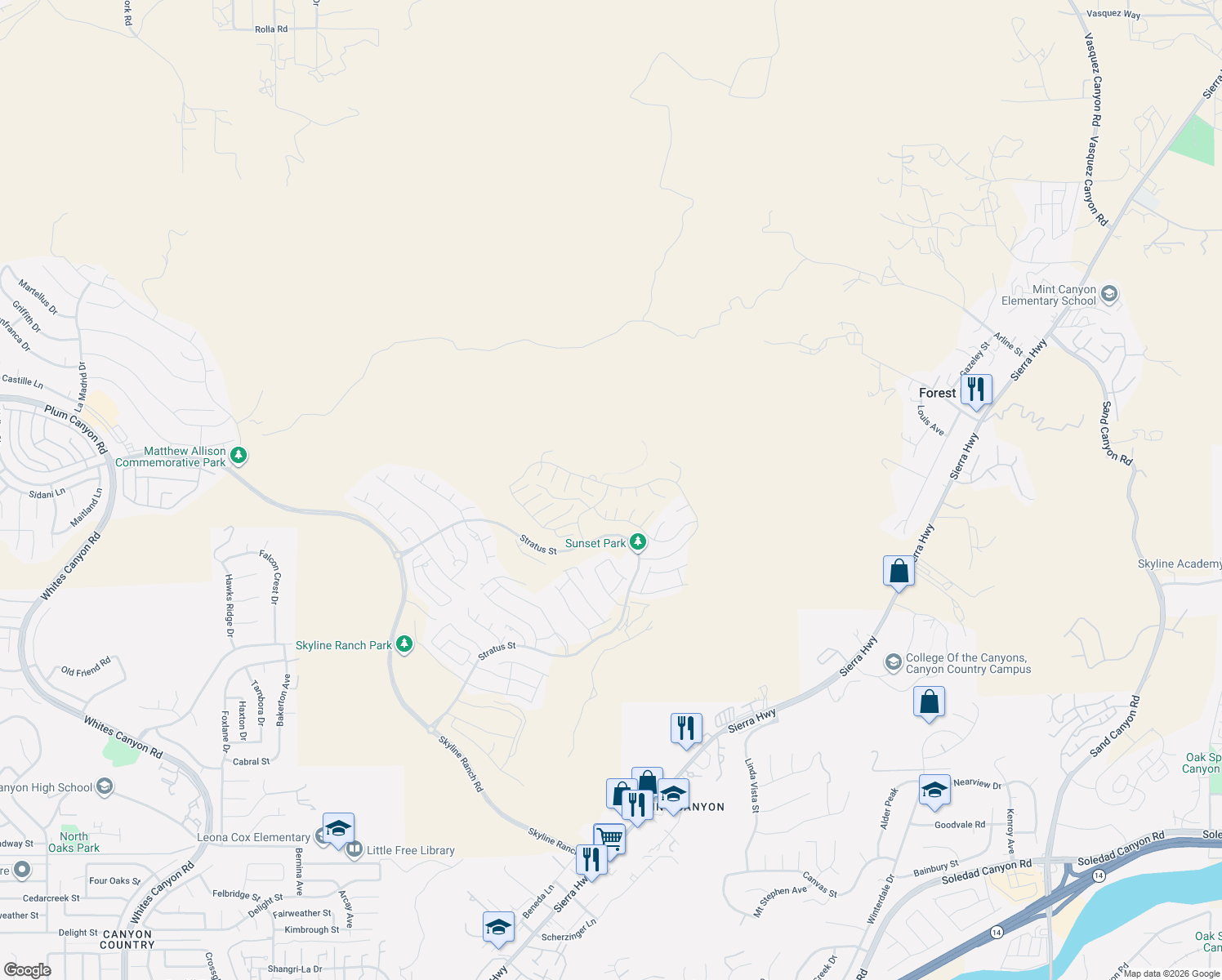 map of restaurants, bars, coffee shops, grocery stores, and more near Solemint Canyon Motorway in Los Angeles County