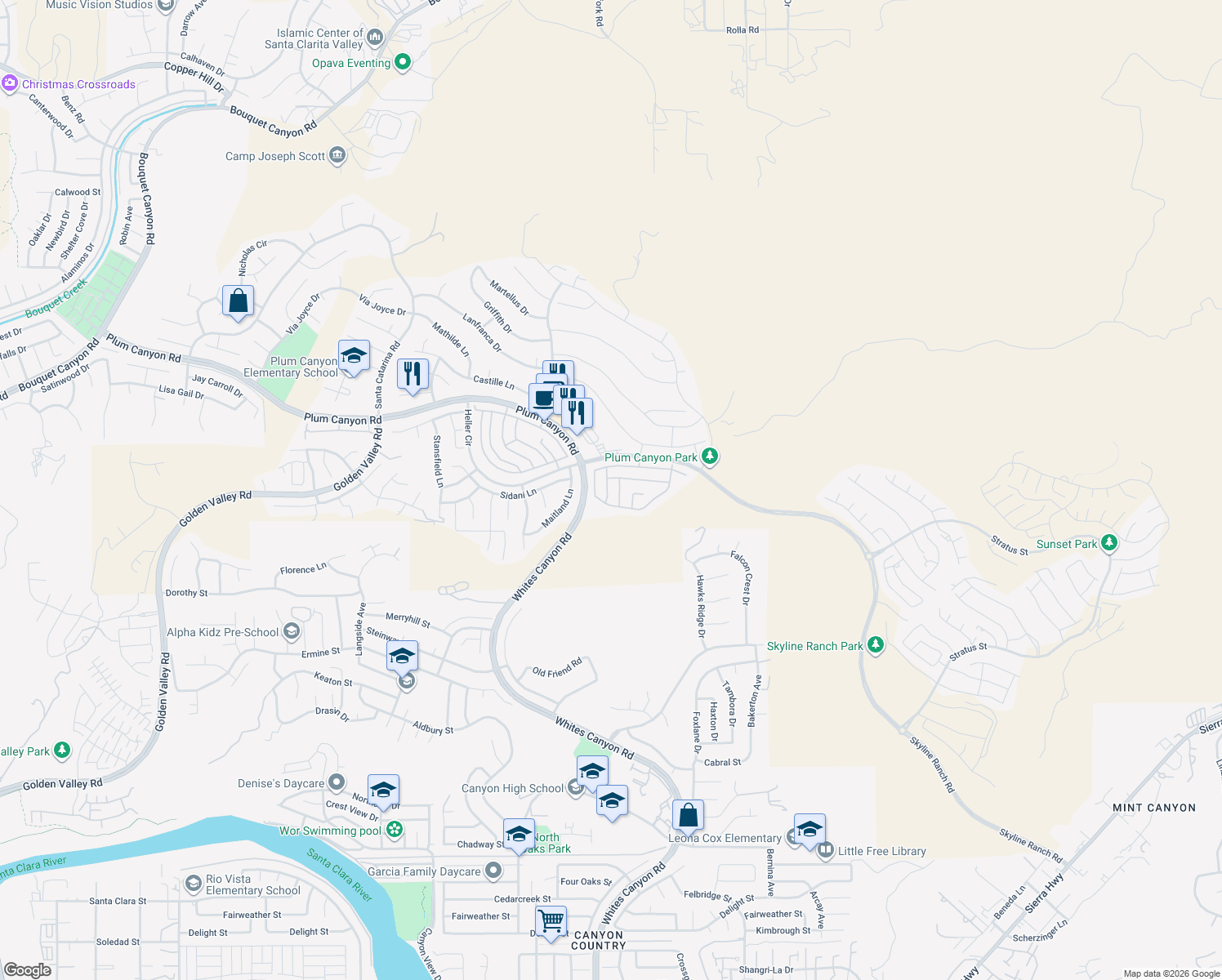 map of restaurants, bars, coffee shops, grocery stores, and more near 28526 Damson Lane in Santa Clarita