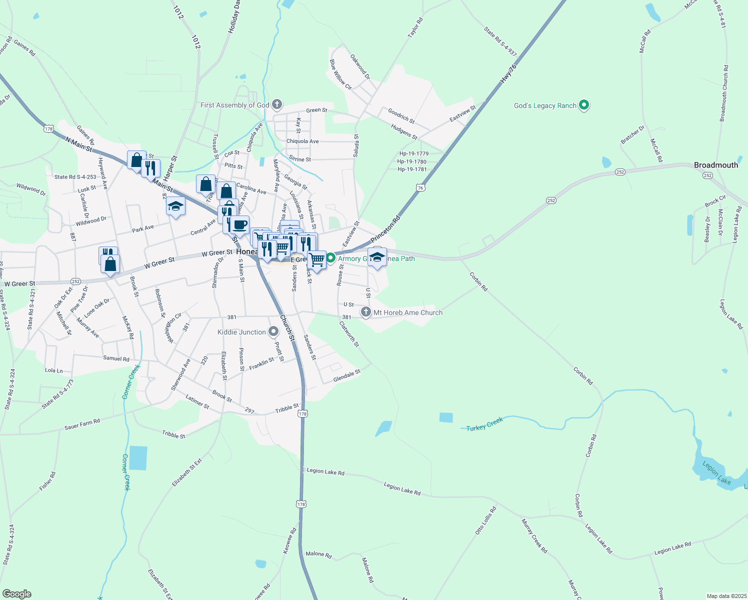 map of restaurants, bars, coffee shops, grocery stores, and more near 110 U Street in Honea Path