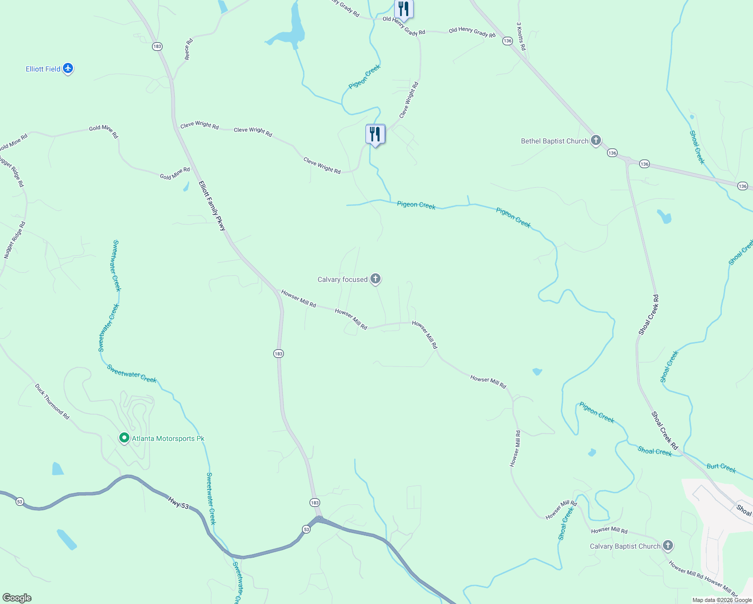 map of restaurants, bars, coffee shops, grocery stores, and more near 175 Hartzler Farm Rd in Dawsonville