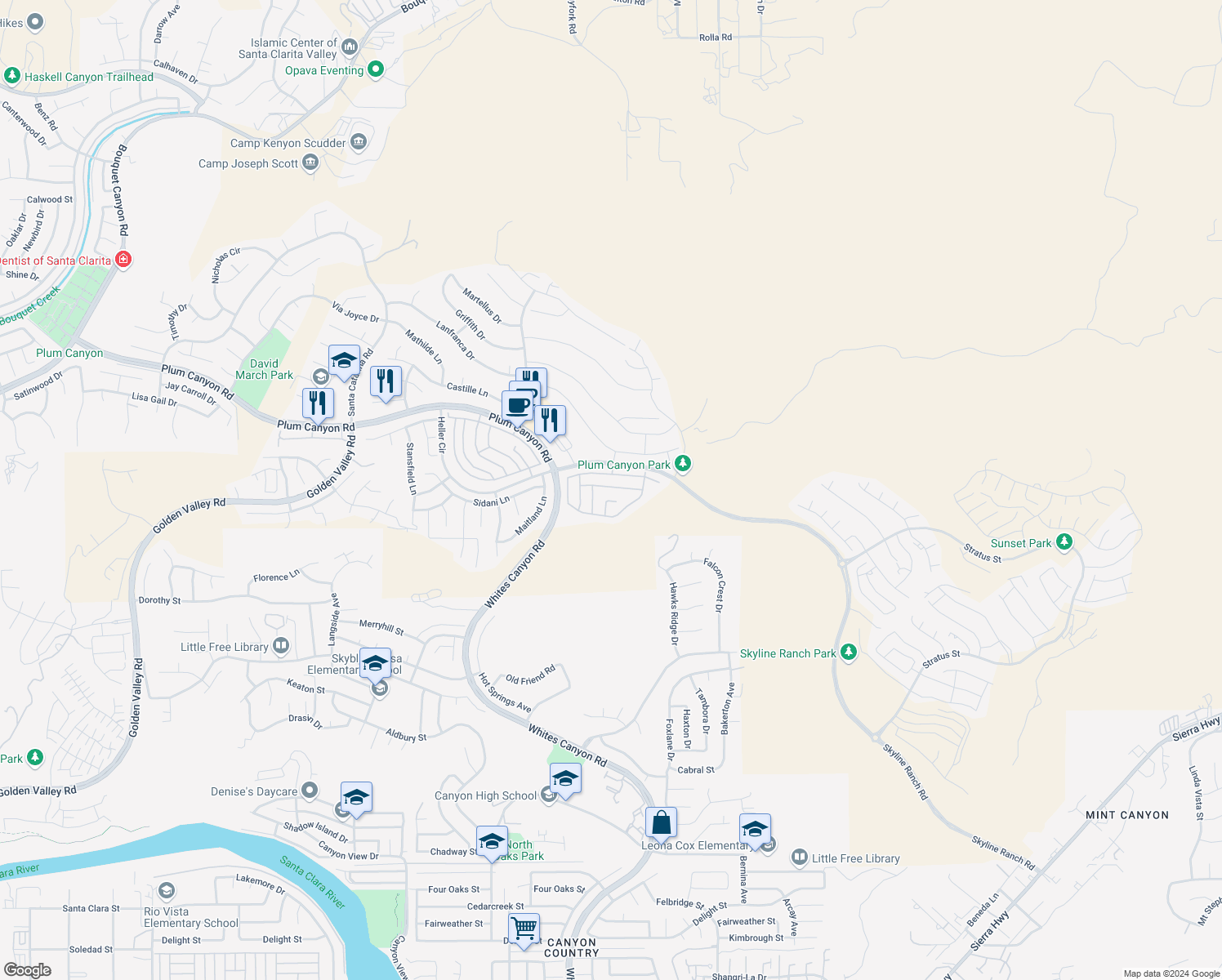 map of restaurants, bars, coffee shops, grocery stores, and more near 19154 Malabar Street in Santa Clarita