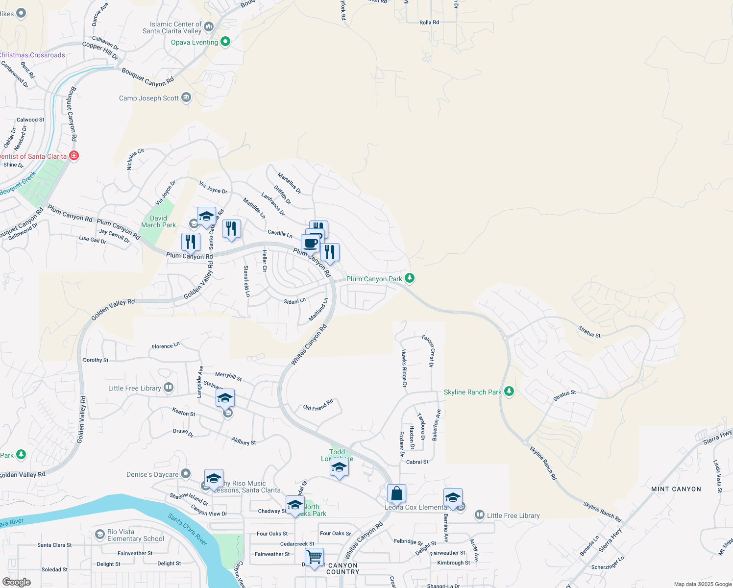 map of restaurants, bars, coffee shops, grocery stores, and more near 19154 Malabar Street in Santa Clarita
