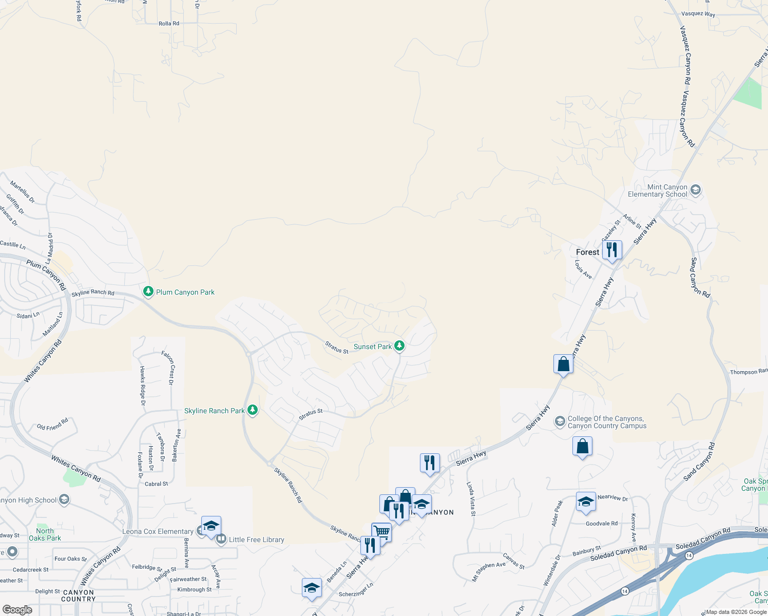 map of restaurants, bars, coffee shops, grocery stores, and more near 17875 Cirrus Drive in Santa Clarita