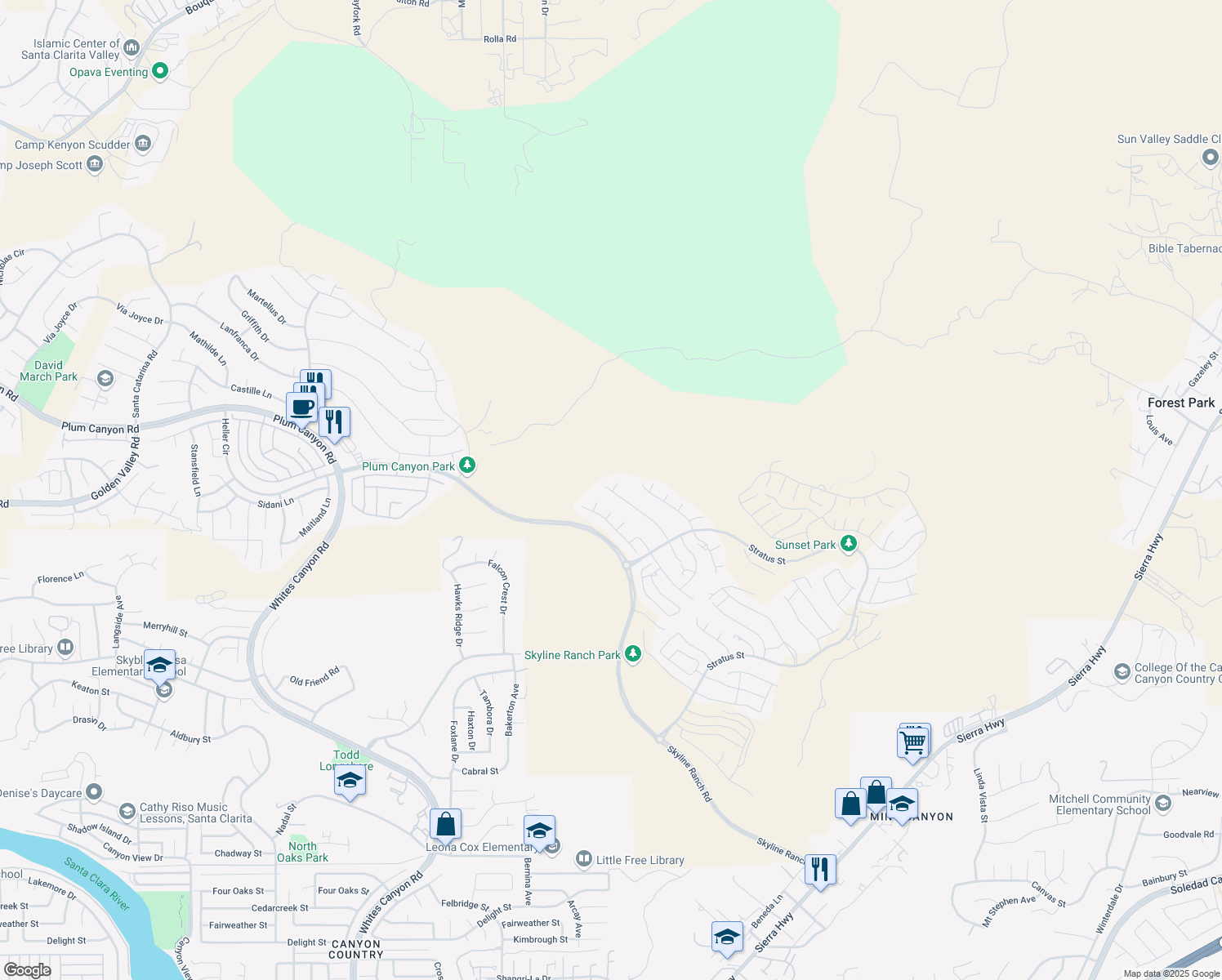 map of restaurants, bars, coffee shops, grocery stores, and more near 18283 Cumulus Court in Los Angeles County