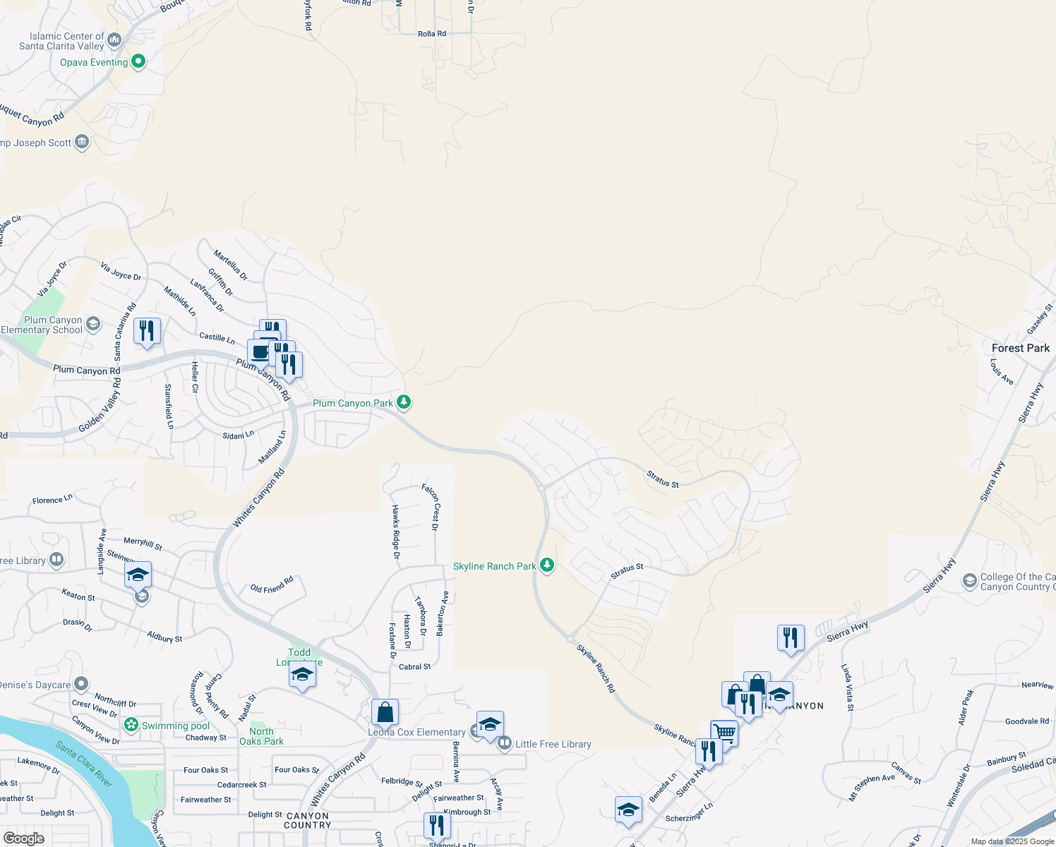 map of restaurants, bars, coffee shops, grocery stores, and more near 18283 Cumulus Court in Los Angeles County