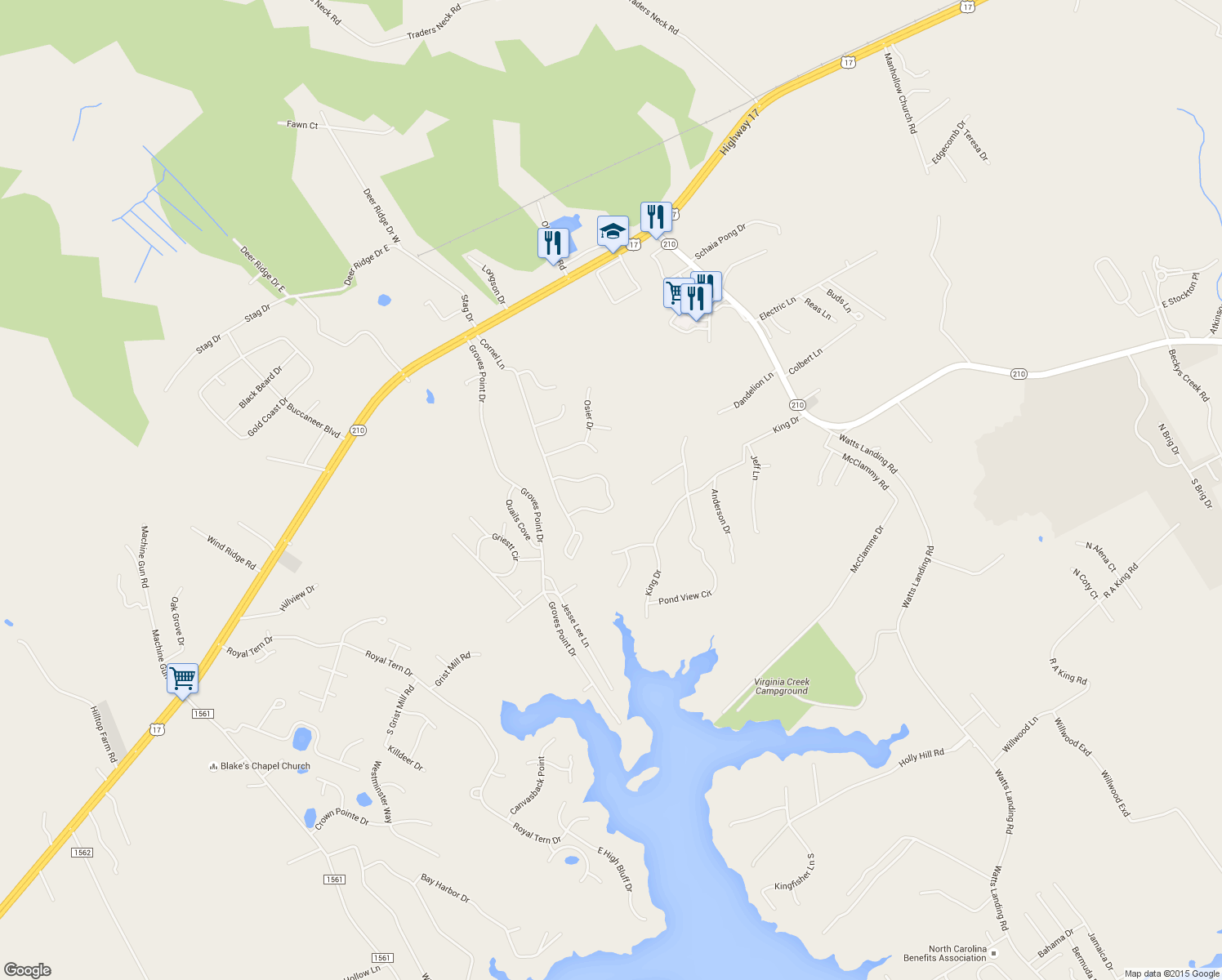 map of restaurants, bars, coffee shops, grocery stores, and more near 120 Roughleaf Trail in Hampstead