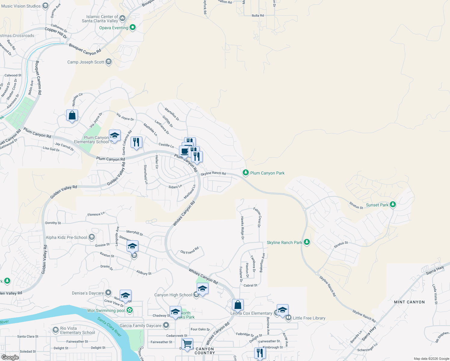 map of restaurants, bars, coffee shops, grocery stores, and more near 19127 Malabar Street in Santa Clarita