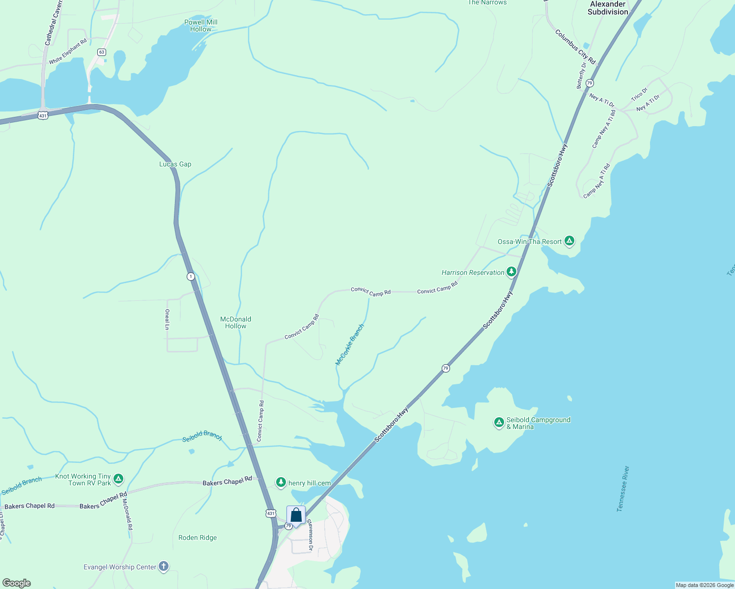 map of restaurants, bars, coffee shops, grocery stores, and more near 1040 Convict Camp Road in Guntersville