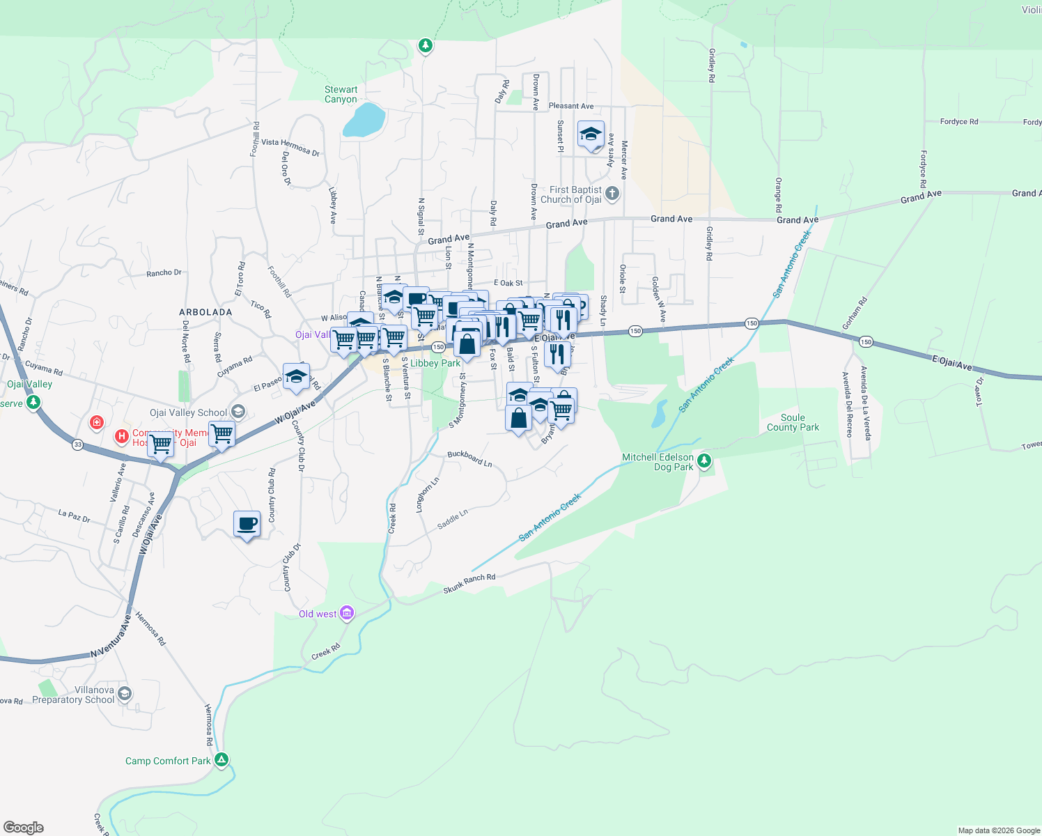 map of restaurants, bars, coffee shops, grocery stores, and more near 428 Bryant Circle in Ojai