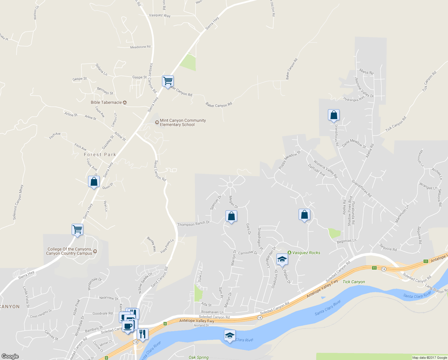 map of restaurants, bars, coffee shops, grocery stores, and more near Rocky Ct in Santa Clarita