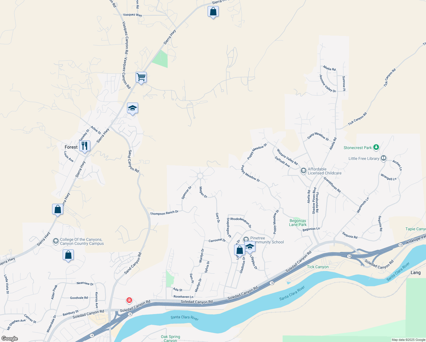 map of restaurants, bars, coffee shops, grocery stores, and more near 15621 Nahin Lane in Santa Clarita