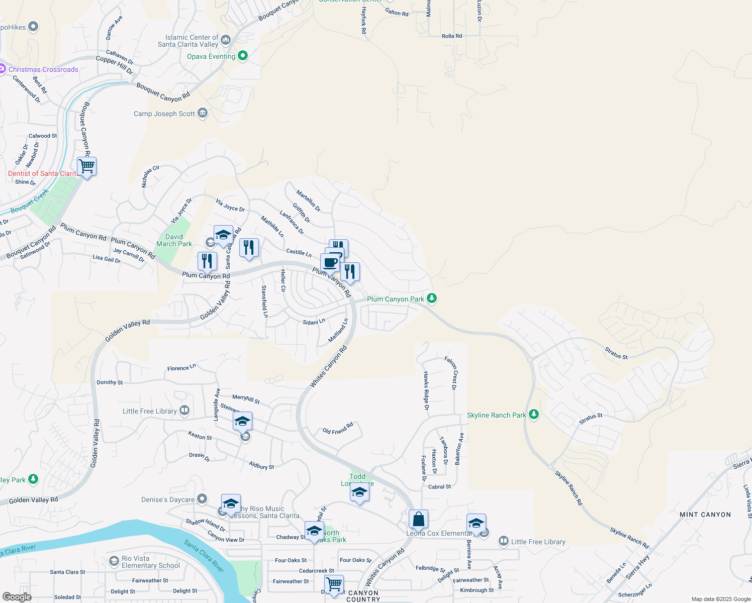 map of restaurants, bars, coffee shops, grocery stores, and more near 19185 Merryweather Drive in Santa Clarita