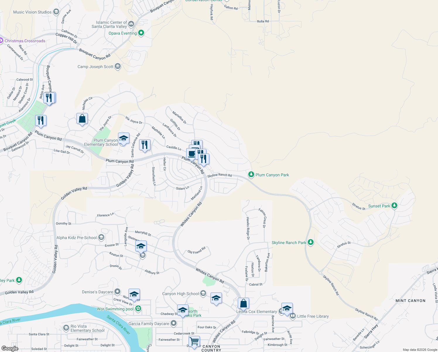 map of restaurants, bars, coffee shops, grocery stores, and more near 19185 Merryweather Drive in Santa Clarita