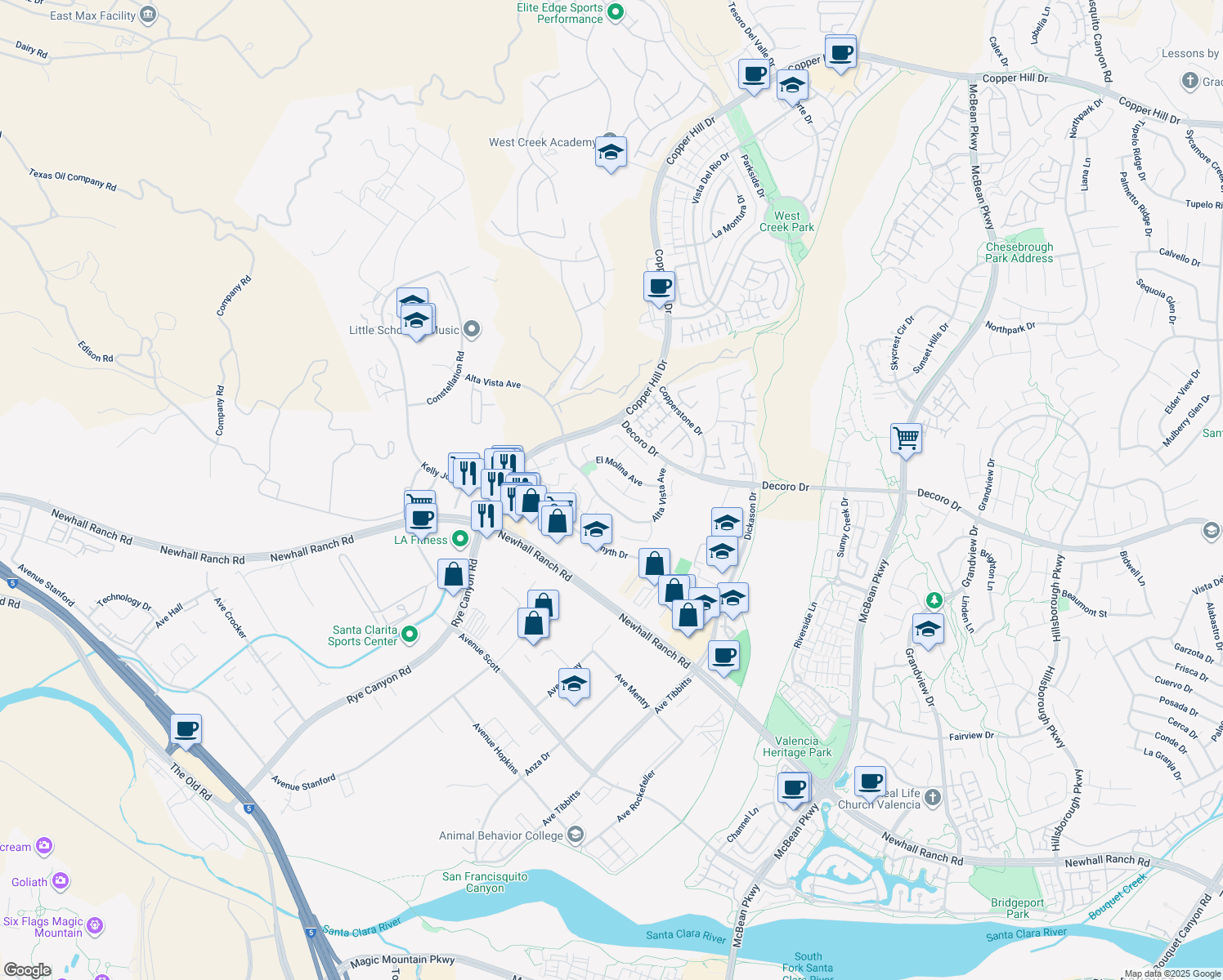 map of restaurants, bars, coffee shops, grocery stores, and more near 24362 Las Palmas Street in Santa Clarita