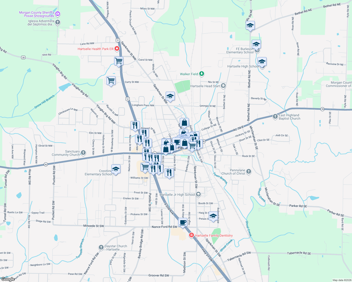 map of restaurants, bars, coffee shops, grocery stores, and more near 308 College Street Northwest in Hartselle