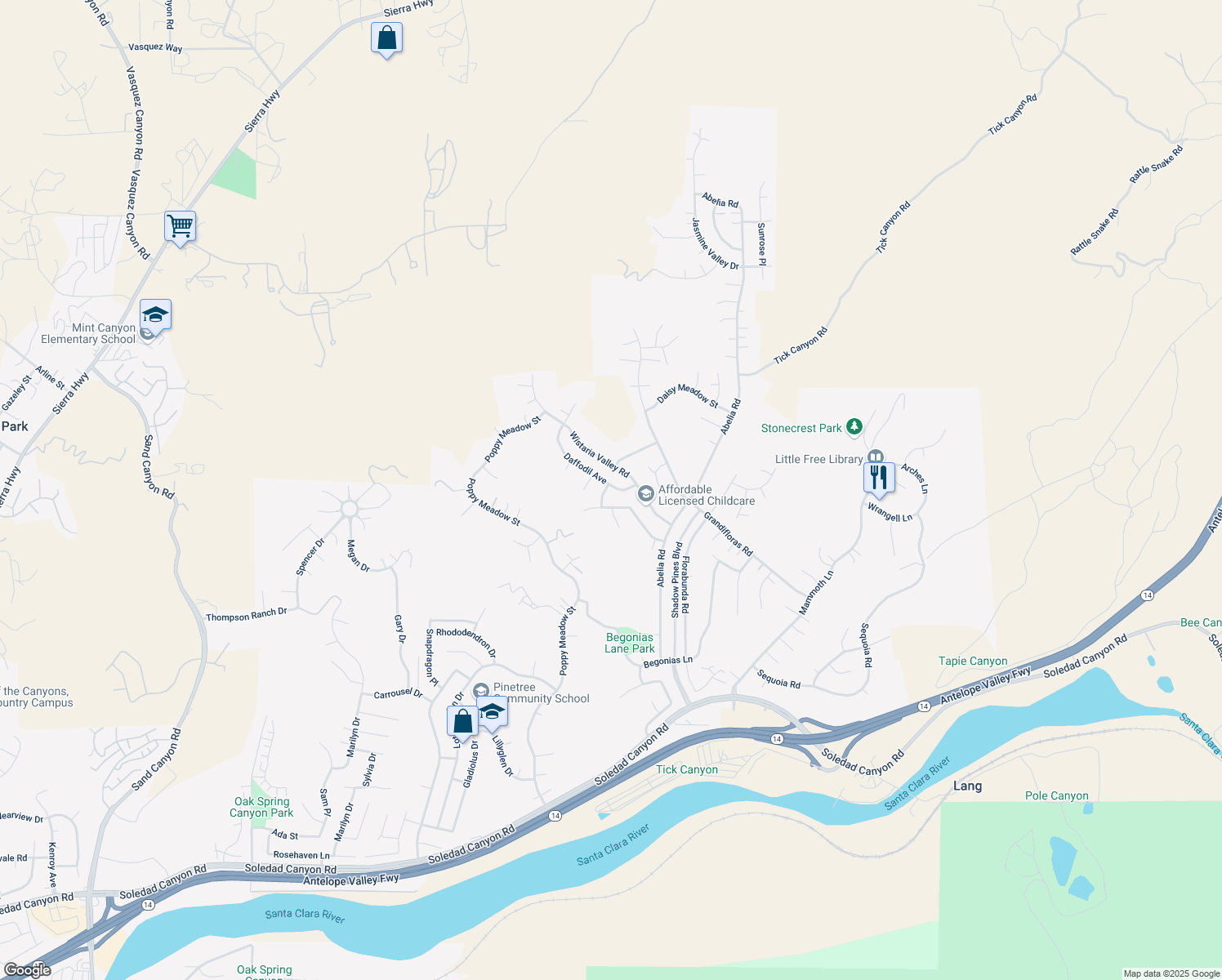 map of restaurants, bars, coffee shops, grocery stores, and more near 29644 Delphinium Avenue in Santa Clarita
