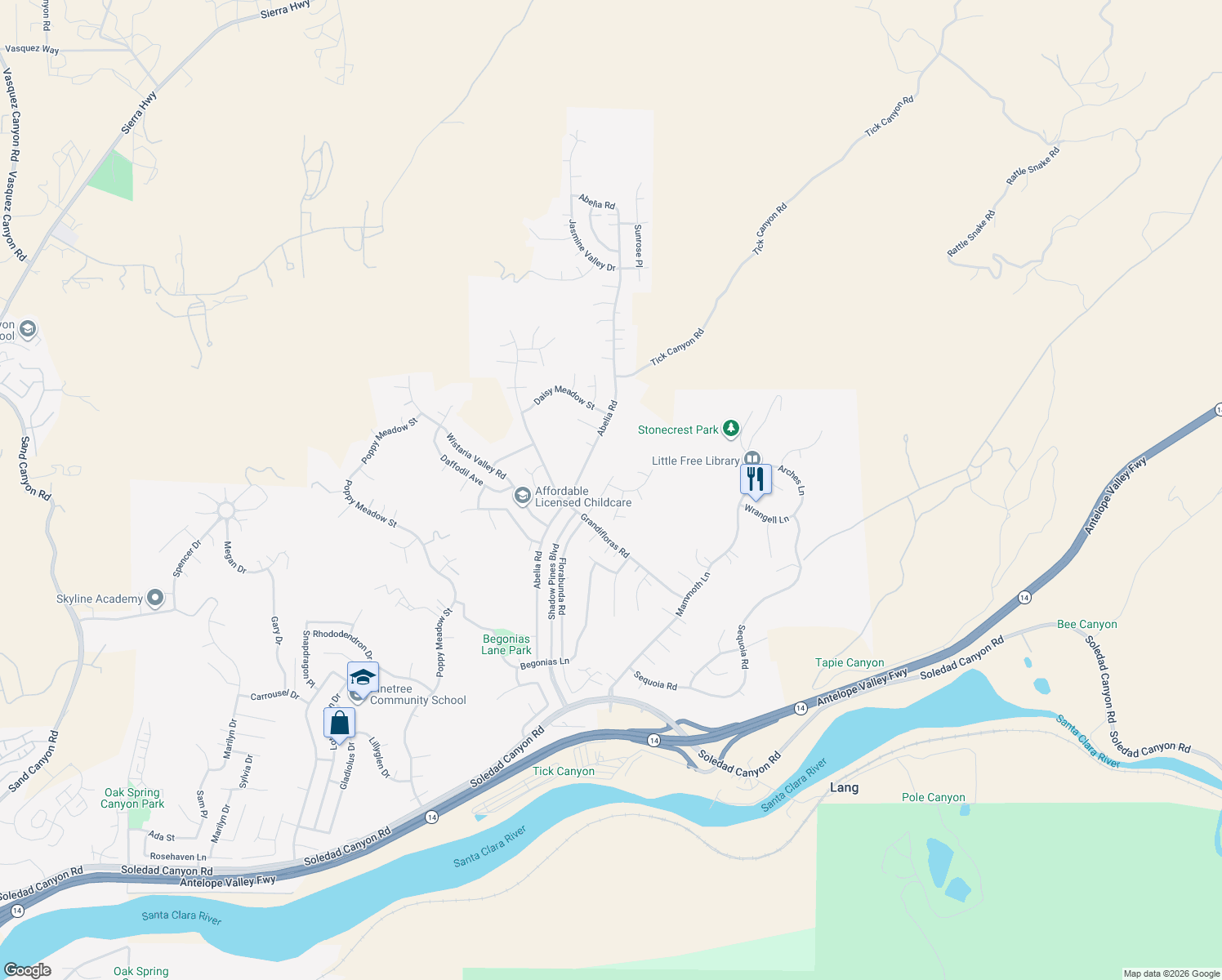 map of restaurants, bars, coffee shops, grocery stores, and more near 29652 Florabunda Road in Santa Clarita