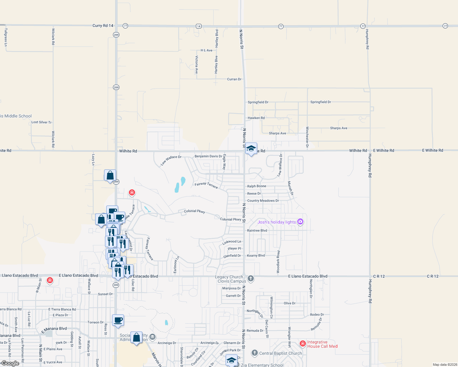 map of restaurants, bars, coffee shops, grocery stores, and more near 3813 Don January Ave in Clovis