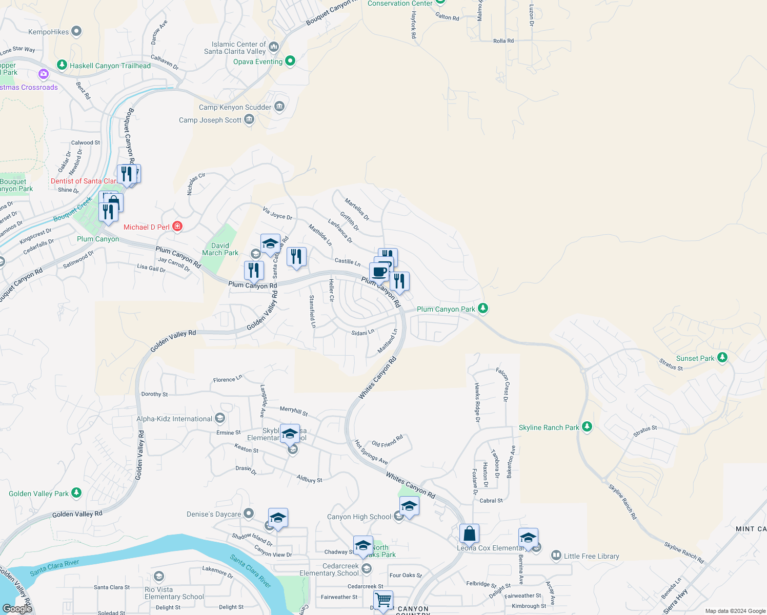 map of restaurants, bars, coffee shops, grocery stores, and more near 28365 Casselman Lane in Santa Clarita
