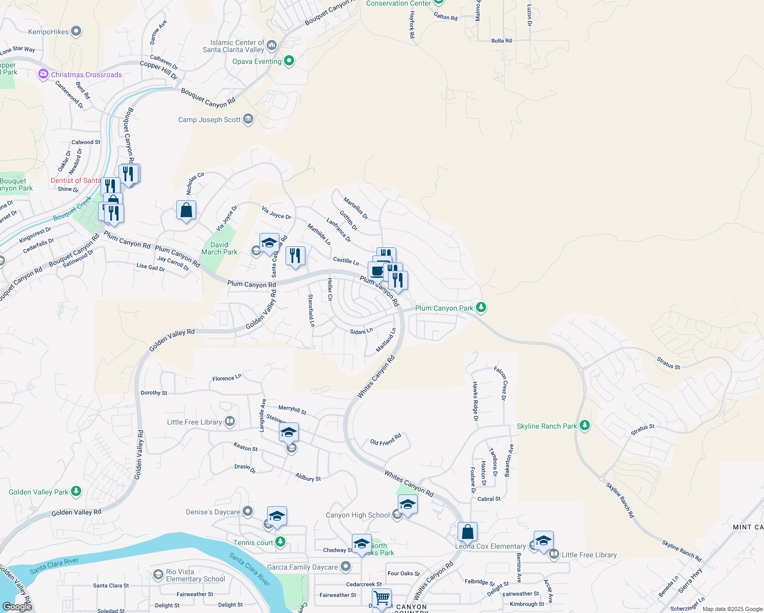 map of restaurants, bars, coffee shops, grocery stores, and more near 19308 Laroda Lane in Santa Clarita
