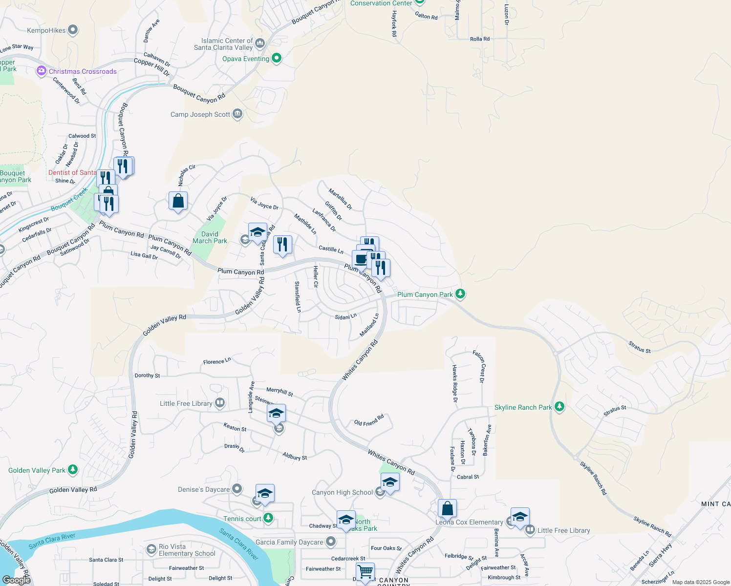 map of restaurants, bars, coffee shops, grocery stores, and more near 19329 Wilson Lane in Santa Clarita