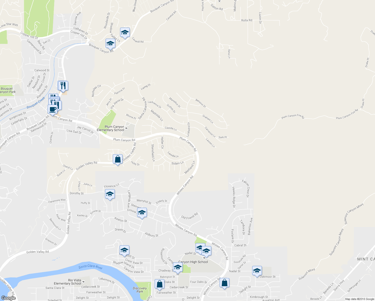 map of restaurants, bars, coffee shops, grocery stores, and more near 19308 Laroda Lane in Santa Clarita
