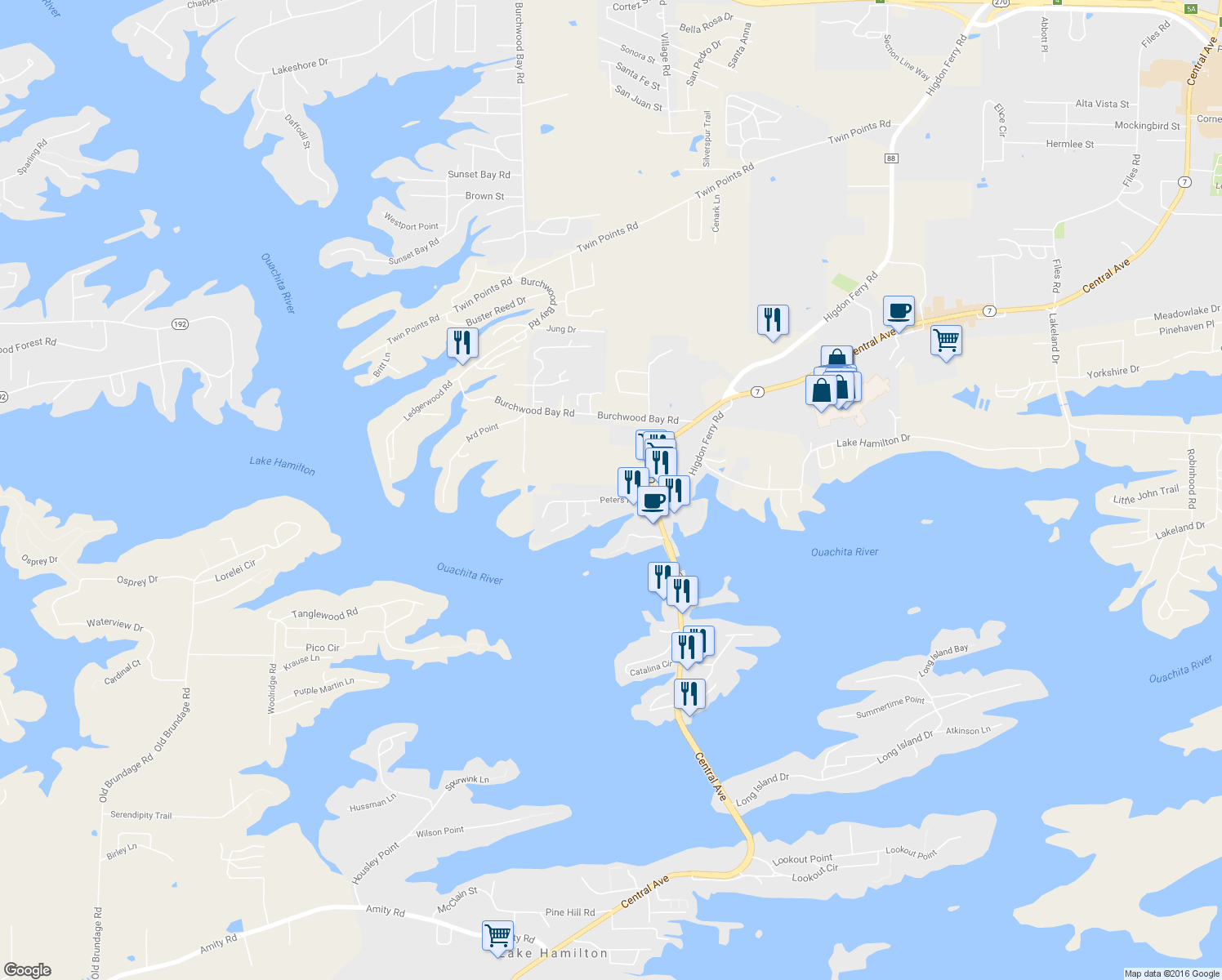 map of restaurants, bars, coffee shops, grocery stores, and more near 150 Peters Point in Hot Springs