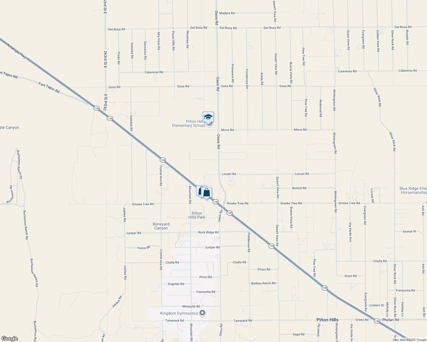 map of restaurants, bars, coffee shops, grocery stores, and more near 10722 Oasis Road in Pinon Hills