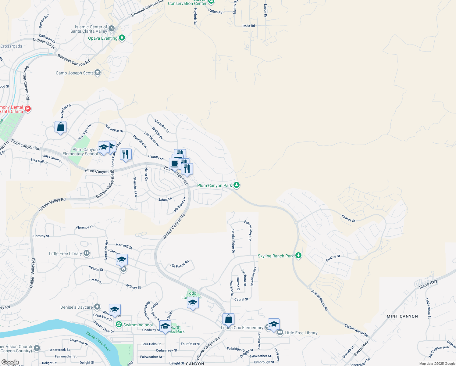 map of restaurants, bars, coffee shops, grocery stores, and more near 18952 Lauren Lane in Santa Clarita