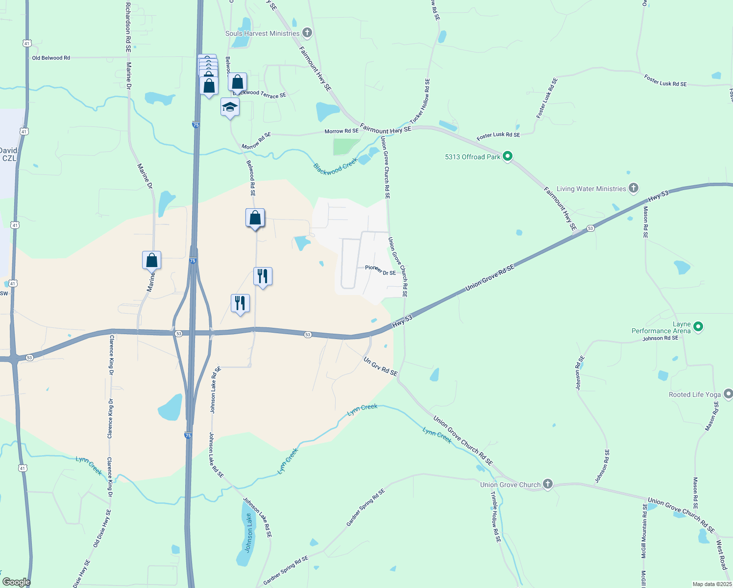 map of restaurants, bars, coffee shops, grocery stores, and more near 168 Lois Street Southeast in Calhoun