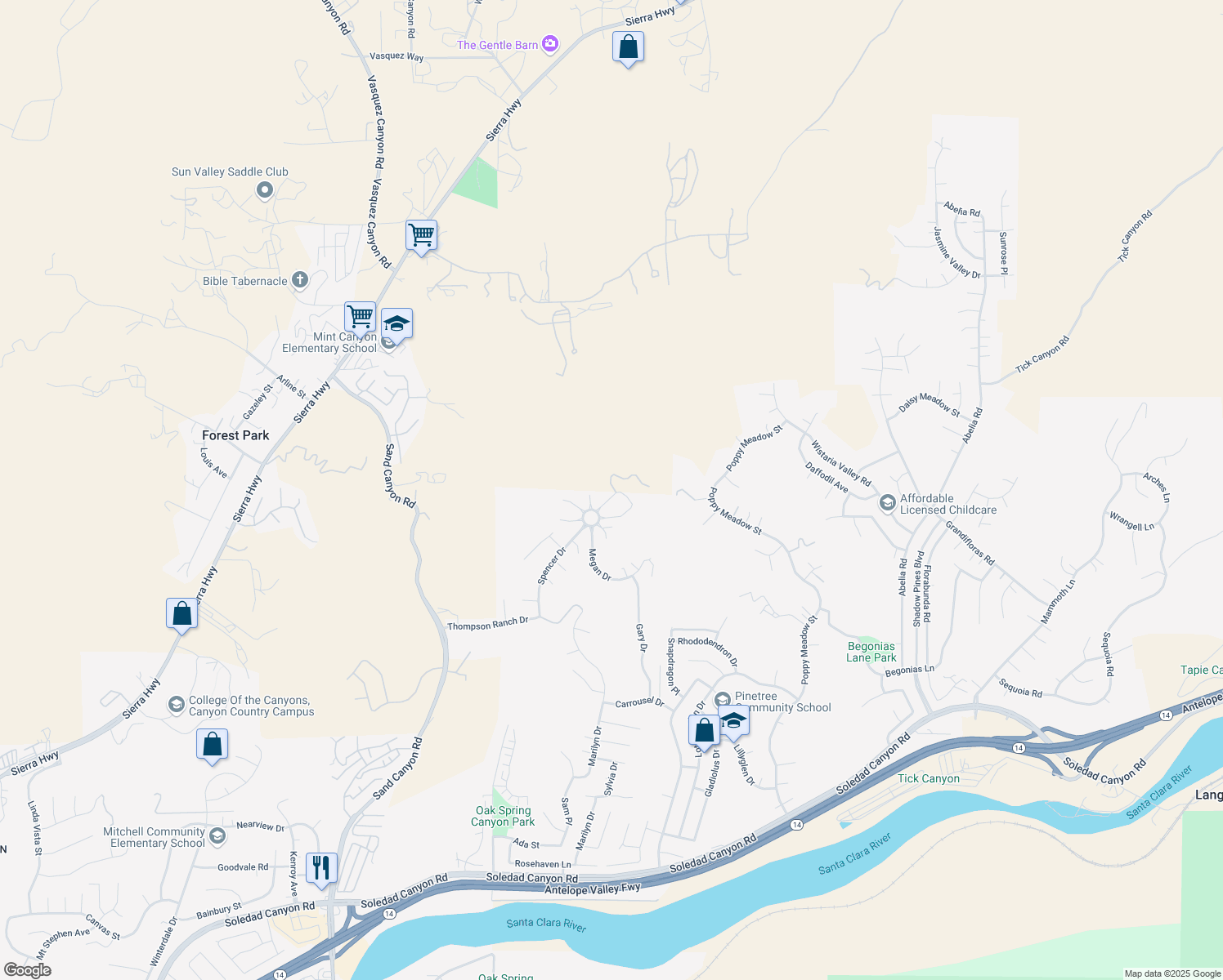 map of restaurants, bars, coffee shops, grocery stores, and more near 15650 Sack Junior Lane in Santa Clarita