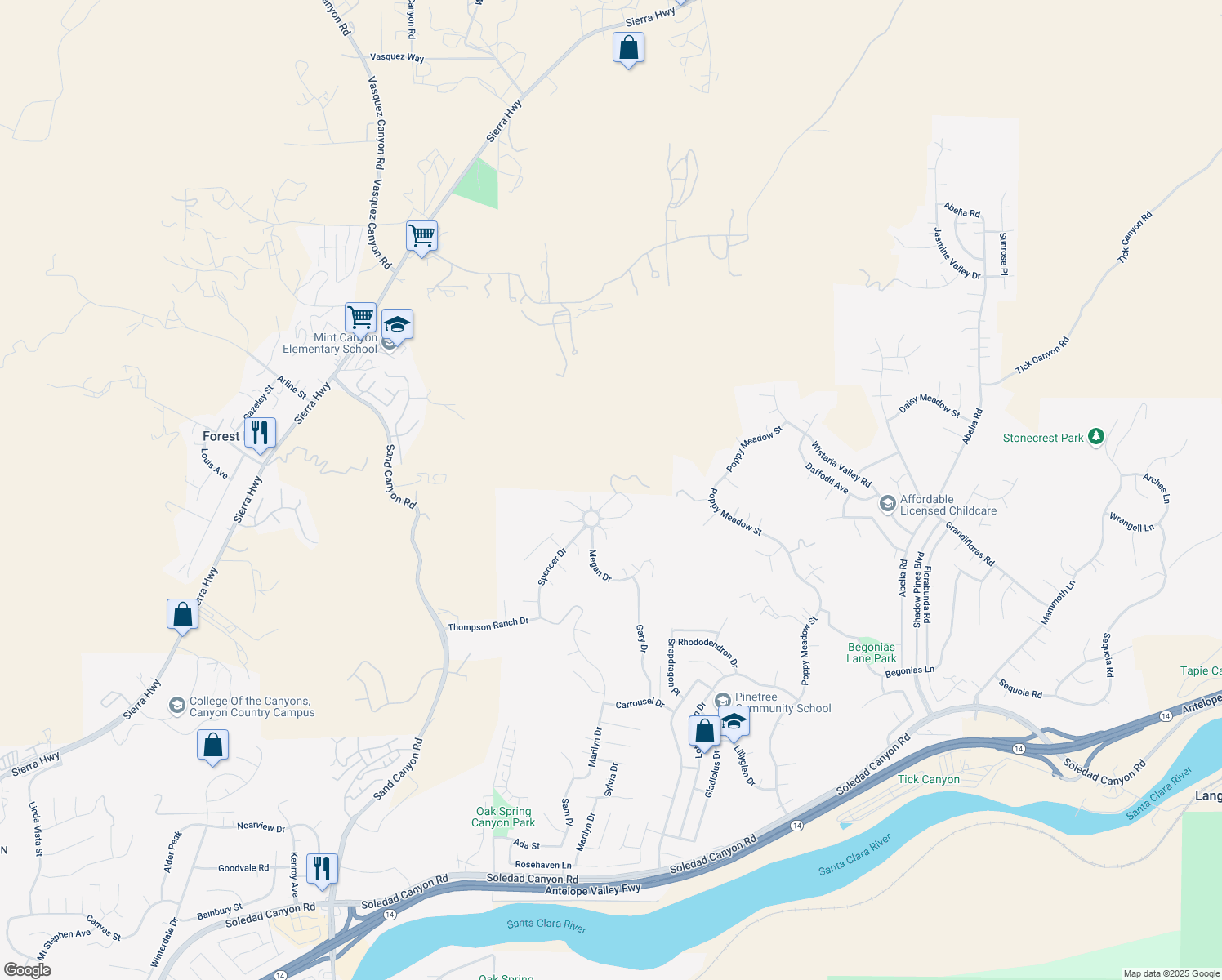map of restaurants, bars, coffee shops, grocery stores, and more near 15650 Sack Junior Lane in Santa Clarita