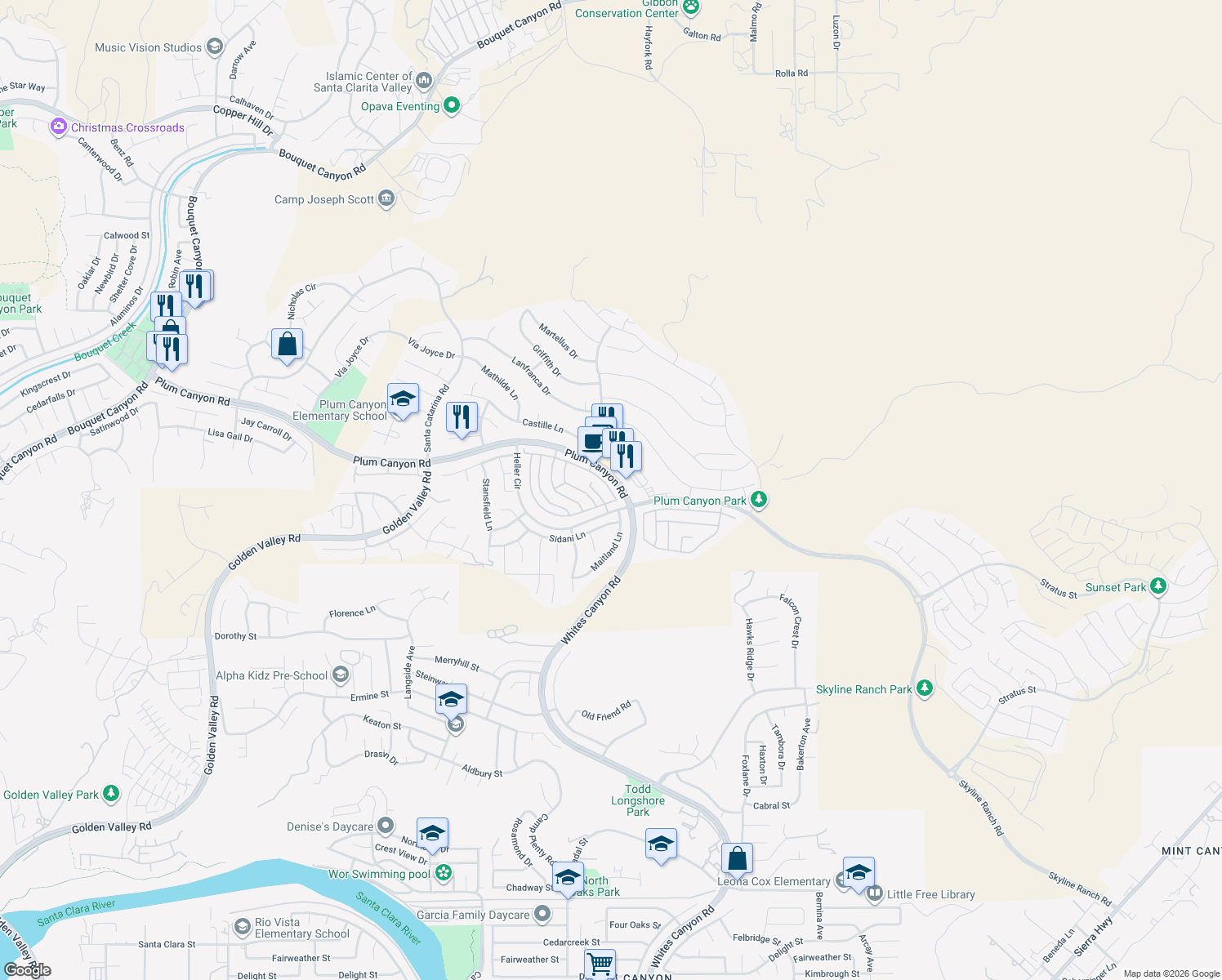 map of restaurants, bars, coffee shops, grocery stores, and more near 19312 Opal Lane in Santa Clarita