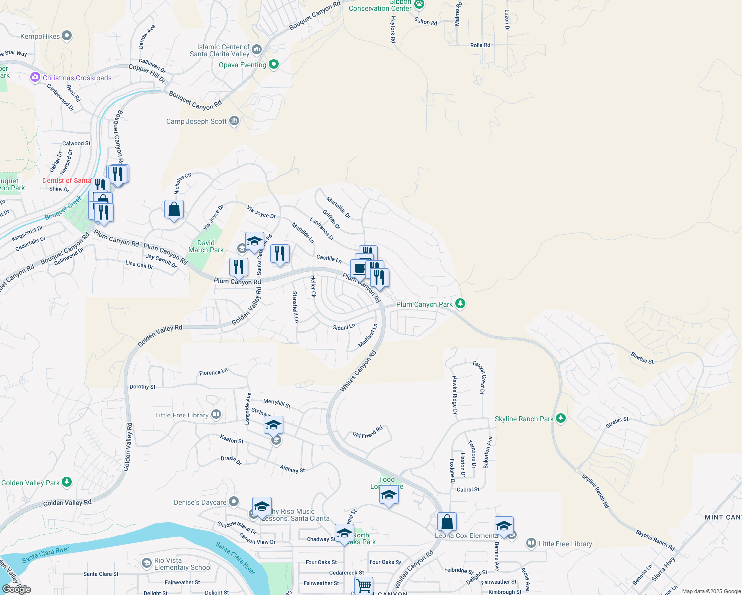 map of restaurants, bars, coffee shops, grocery stores, and more near 19353 Opal Lane in Santa Clarita